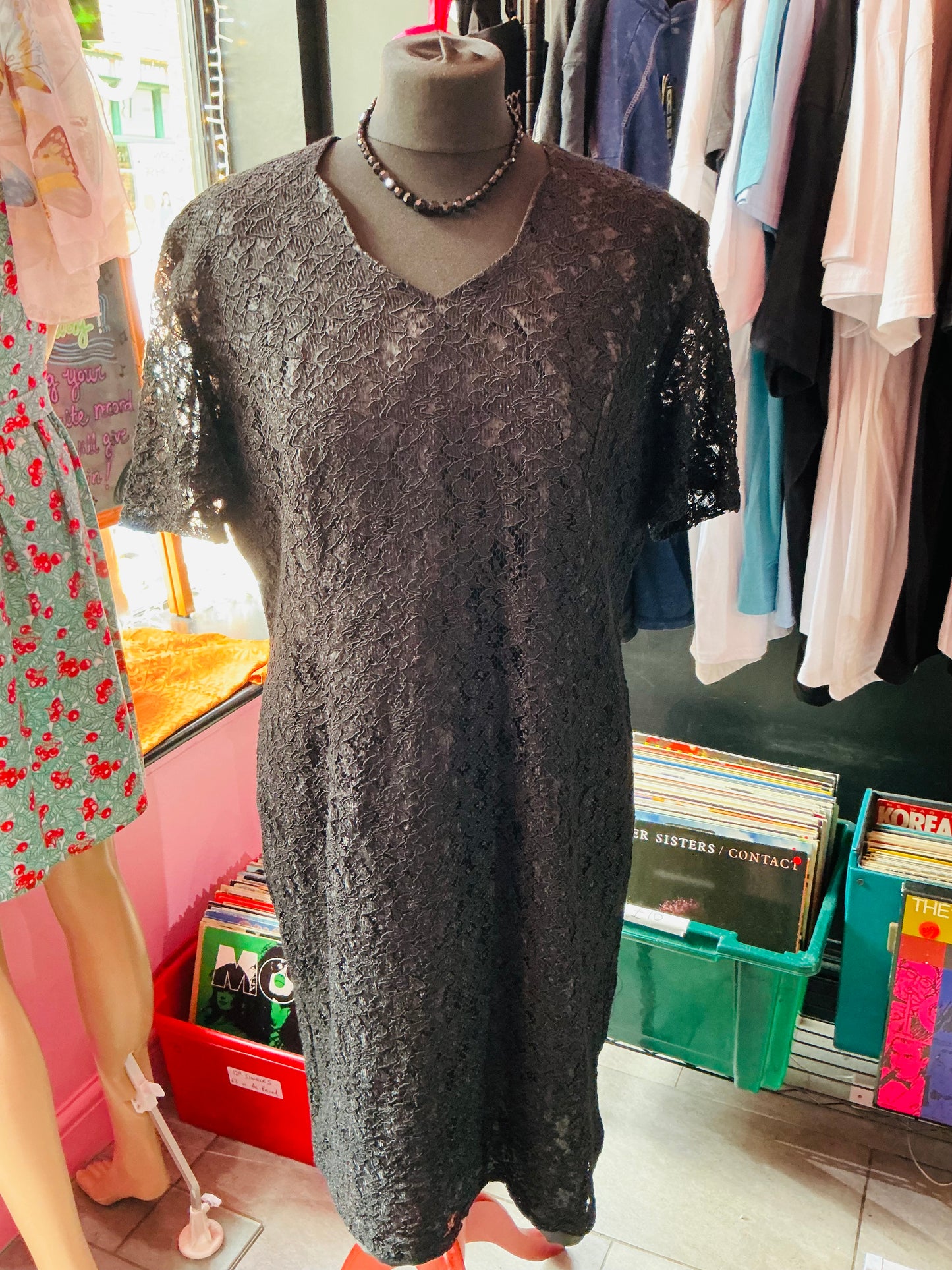 1990s Vintage Black Lace Midi Dress