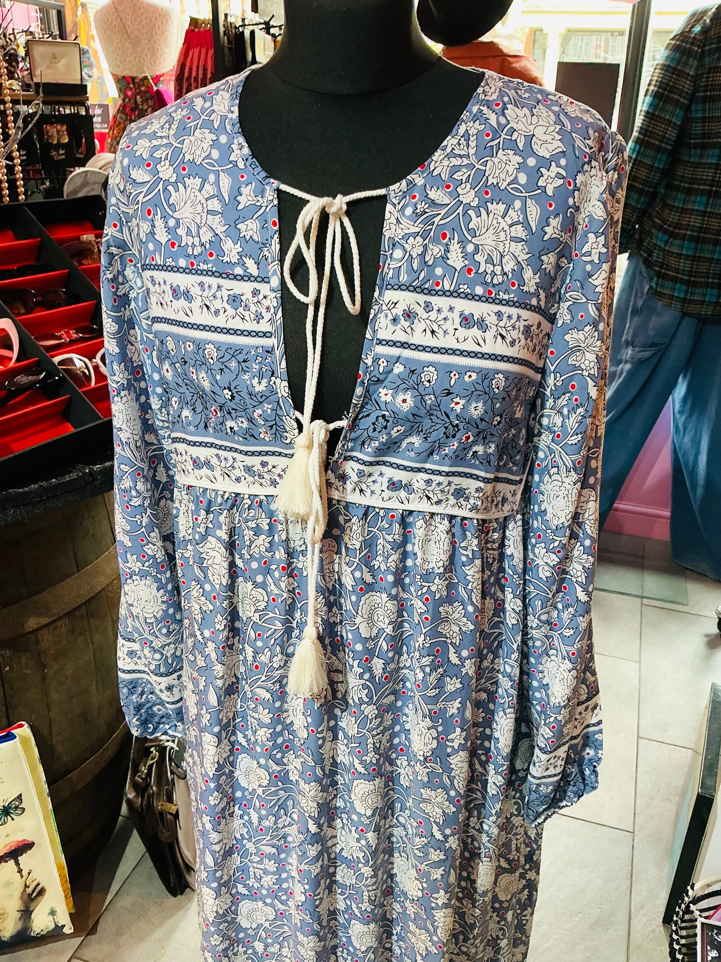 1970s Style Blue Boho Style Maxi Dress