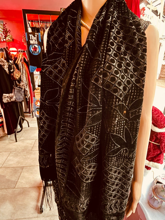 Silk mix Black Patterned Scarf