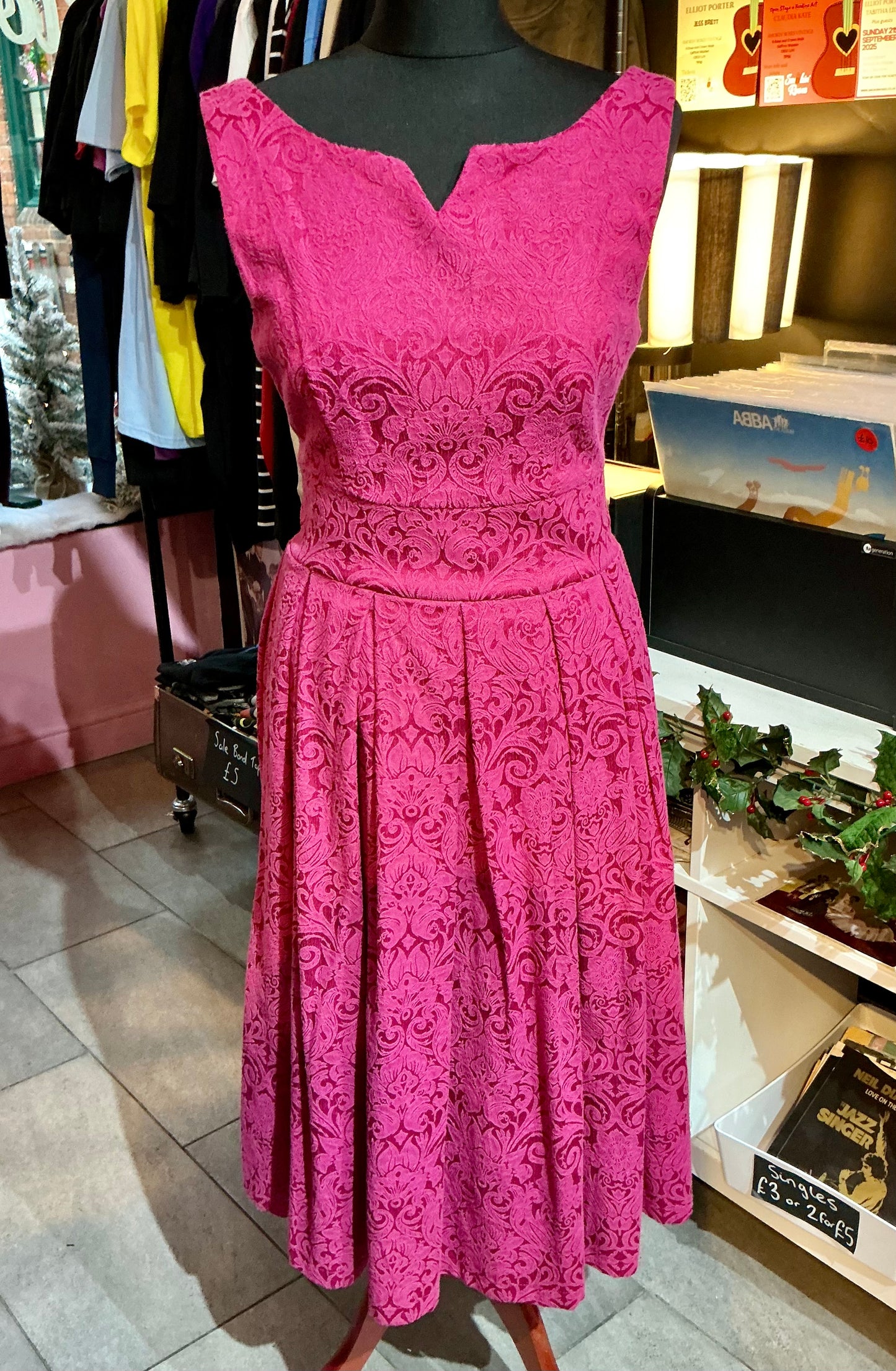 Fuchsia Pink Brocade Embroidered Lindy Bop A-line Dress