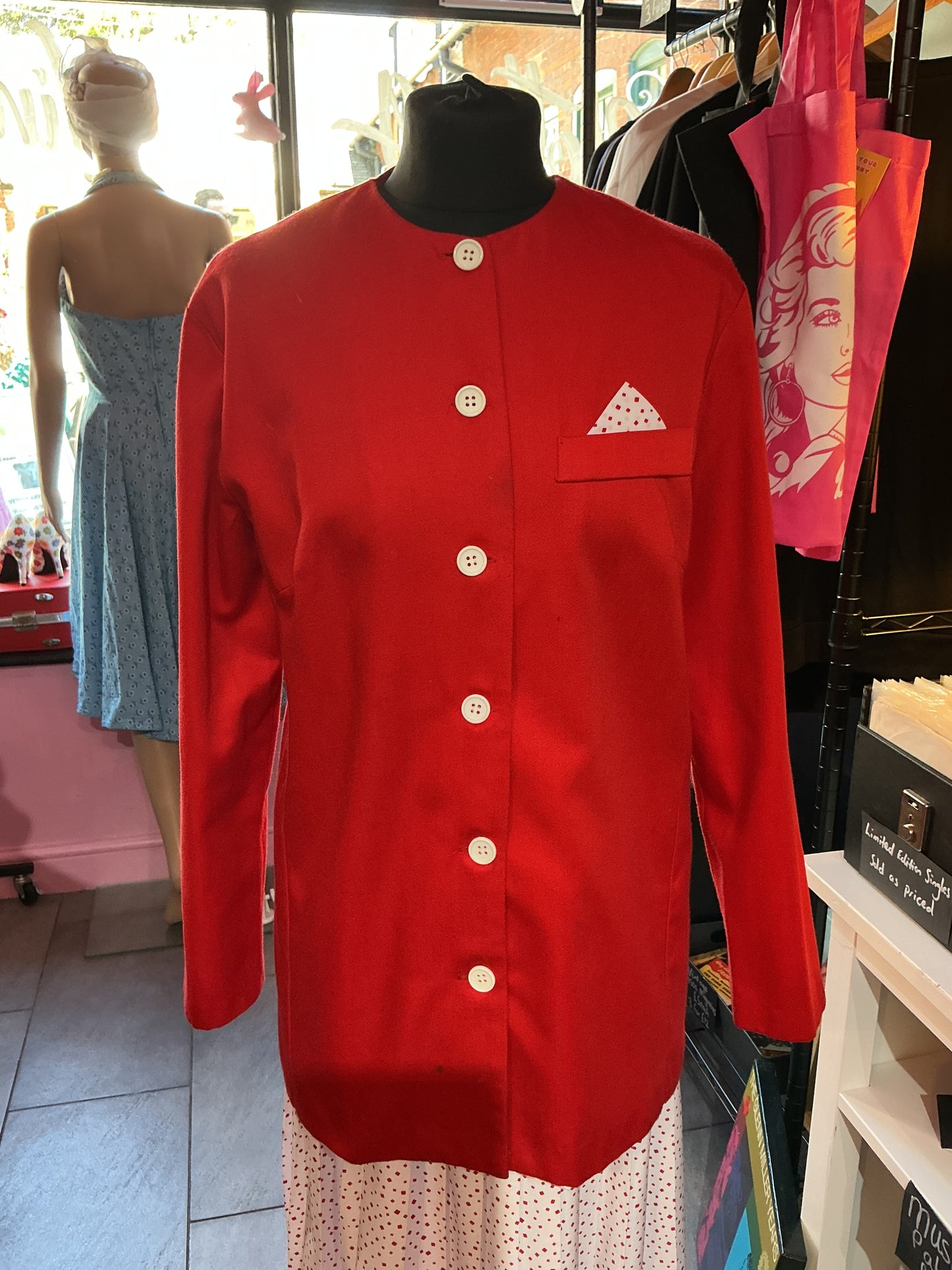 1980s Vintage Red Jacket and White Polka Dot Skirt Set