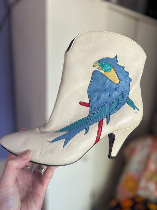 Cream Irregular Choice Ankle Boots with Parrot Design