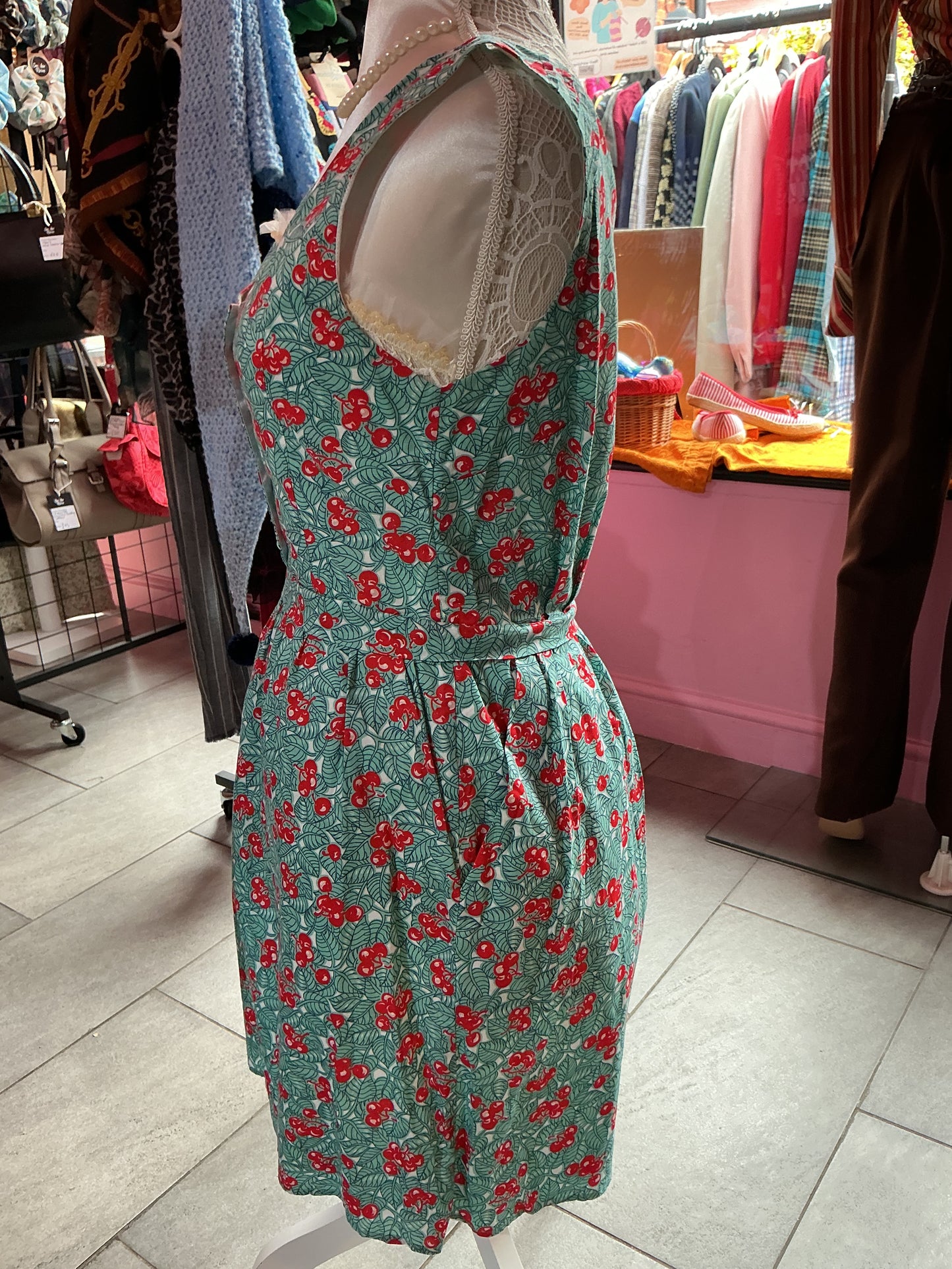 Turquoise Leaves & Red Cherry Print Oliver Bonas Tea Dress