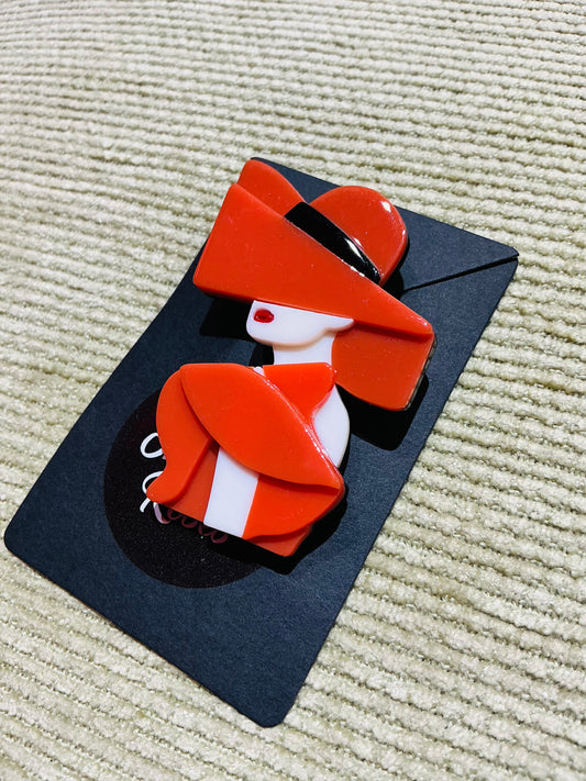Art Deco Style Lady in Orange Acrylic Brooch 