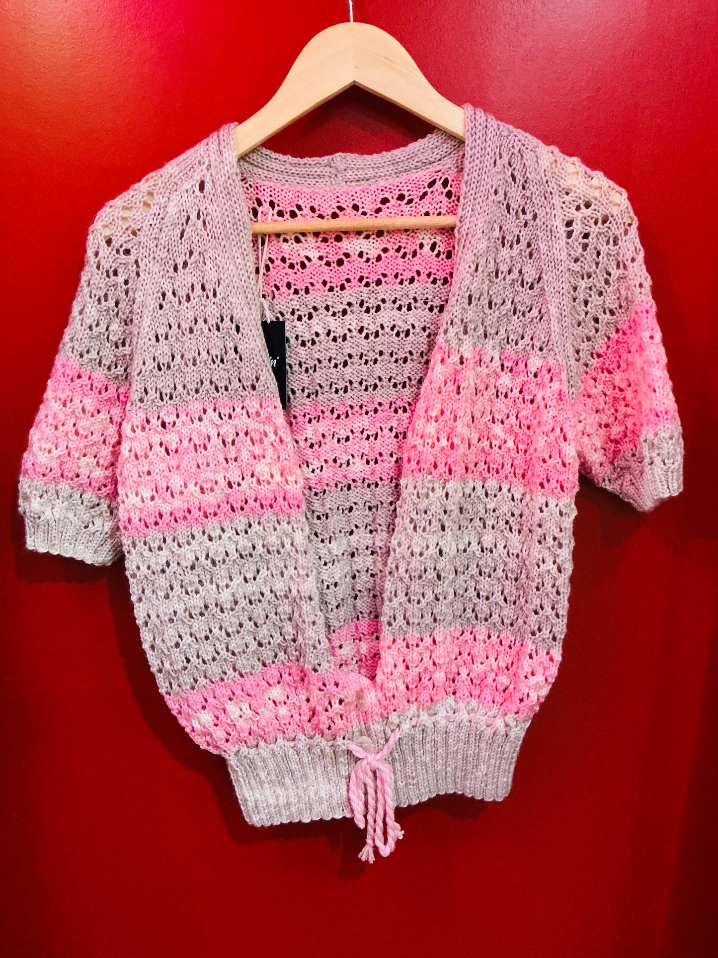 Hand Knit Grey and Pink Crochet Vintage Cardigan