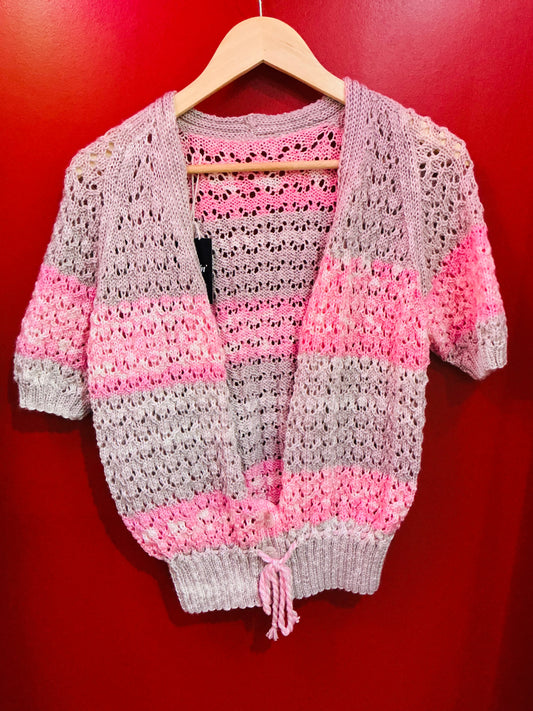 Hand Knit Grey and Pink Crochet Vintage Cardigan