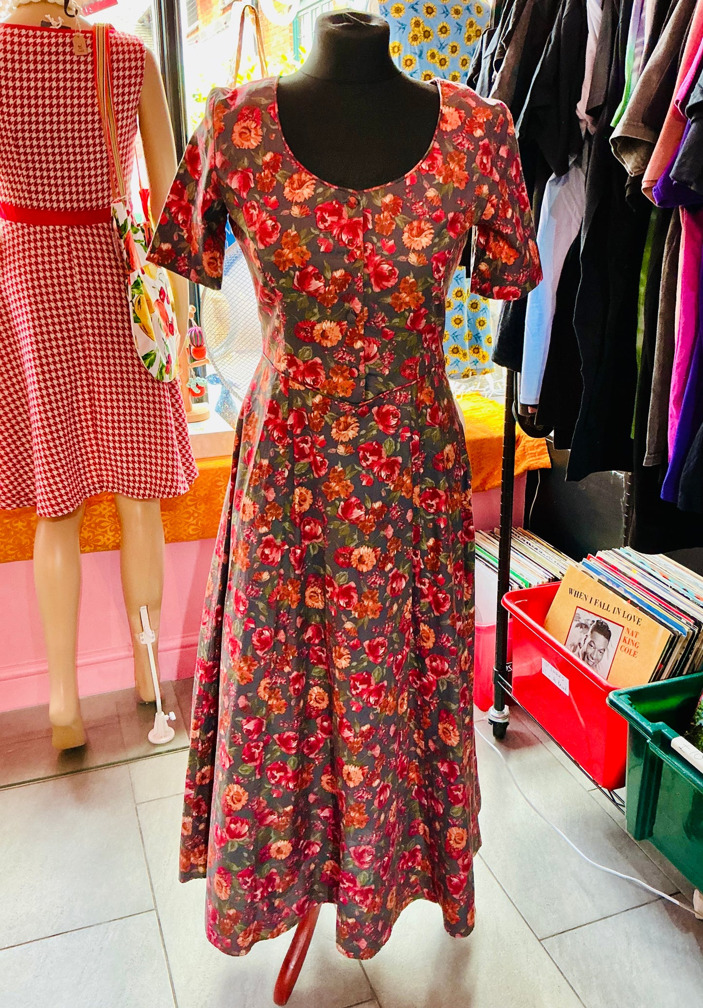 1980s Vintage Laura Ashley Red Floral Rose Tea Dress