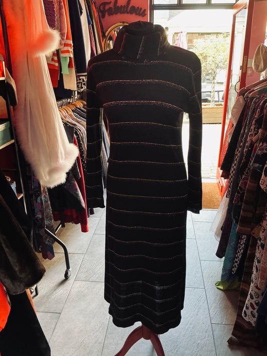 1970s Vintage Stirling Black and Glitter Striped Maxi Dress 