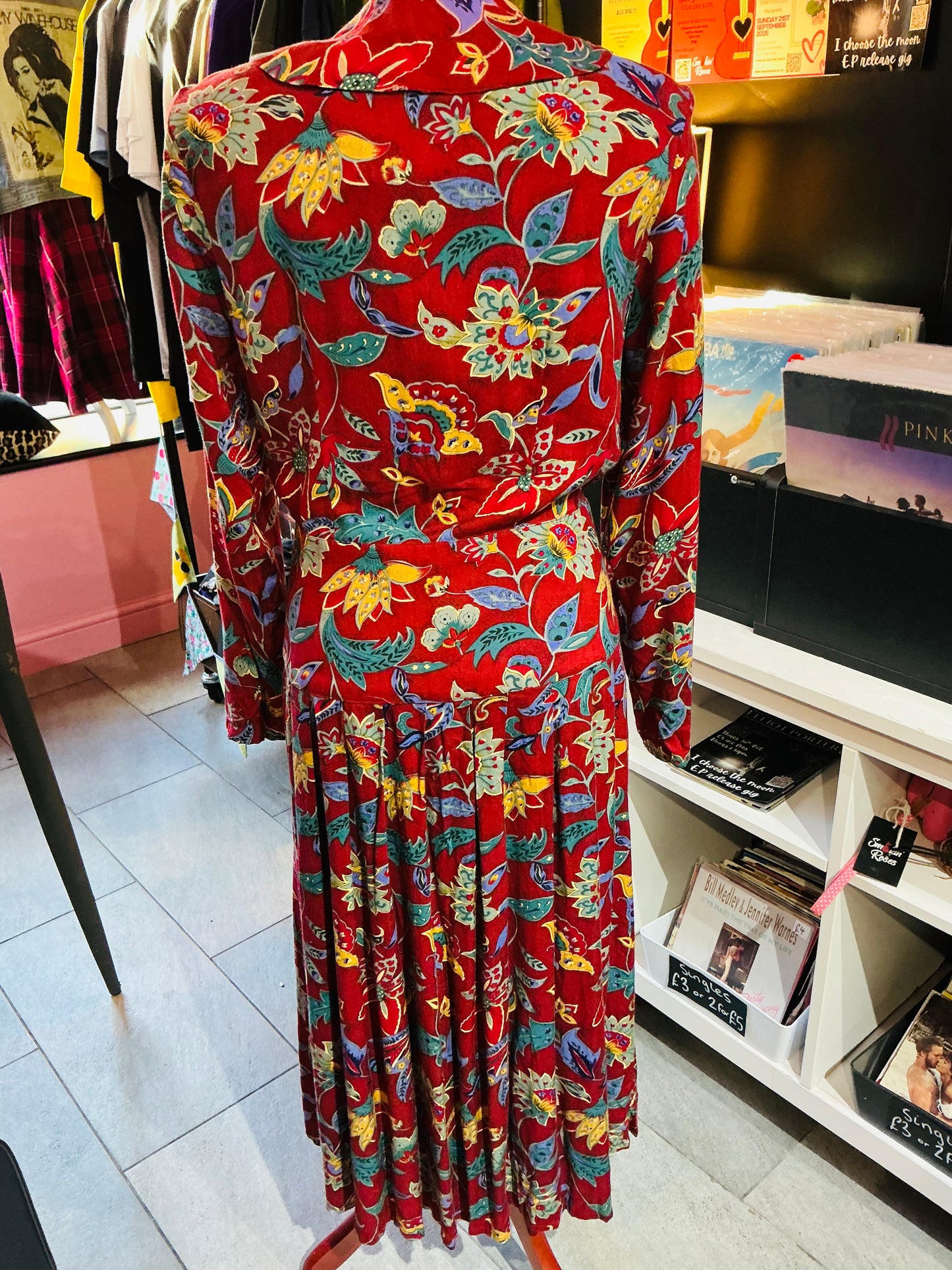 1970s Style Vintage George Burgundy Paisley Long Sleeve Dress