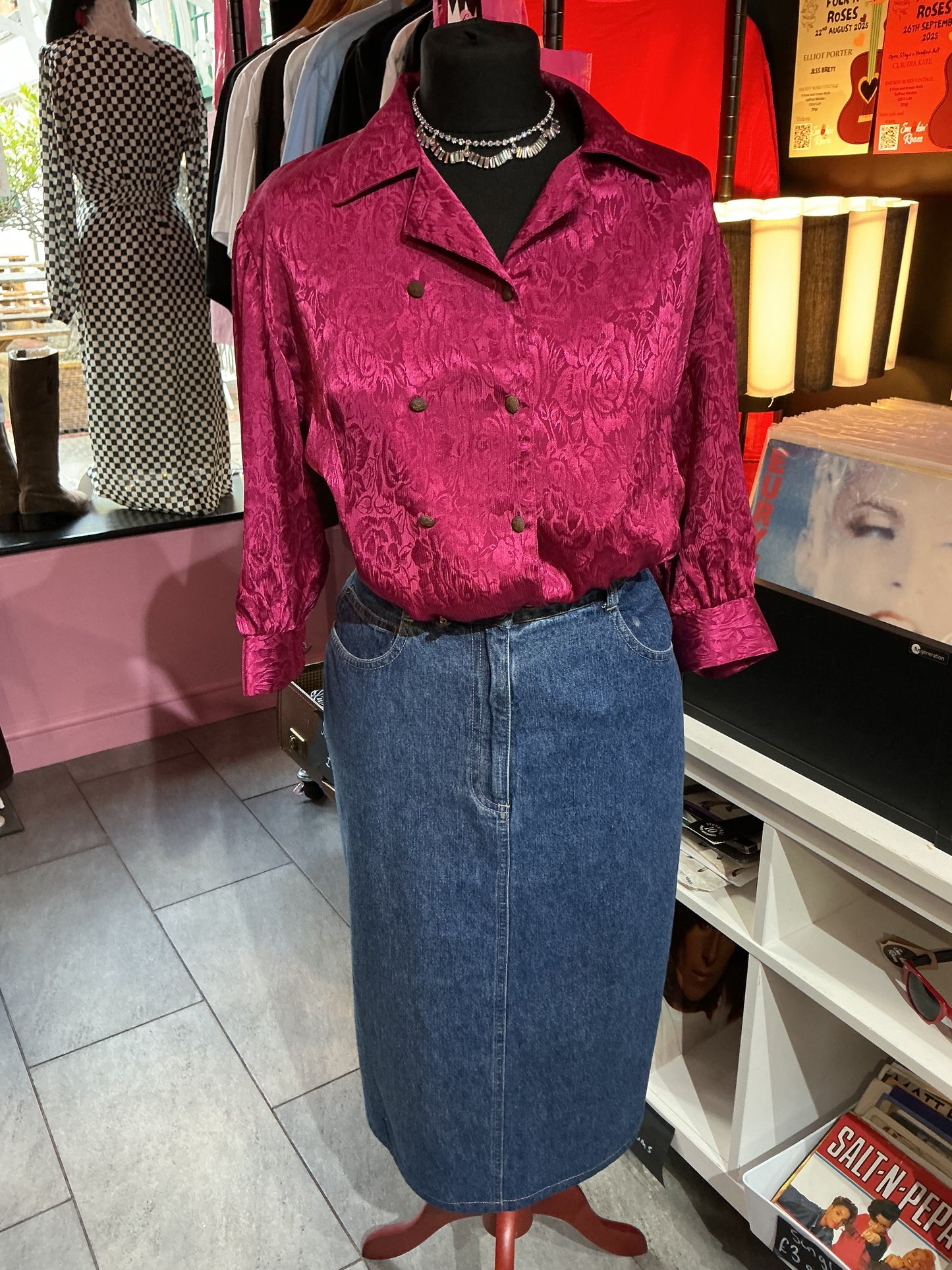 1980s Anne Brooks Vintage Magenta Satin Blouse