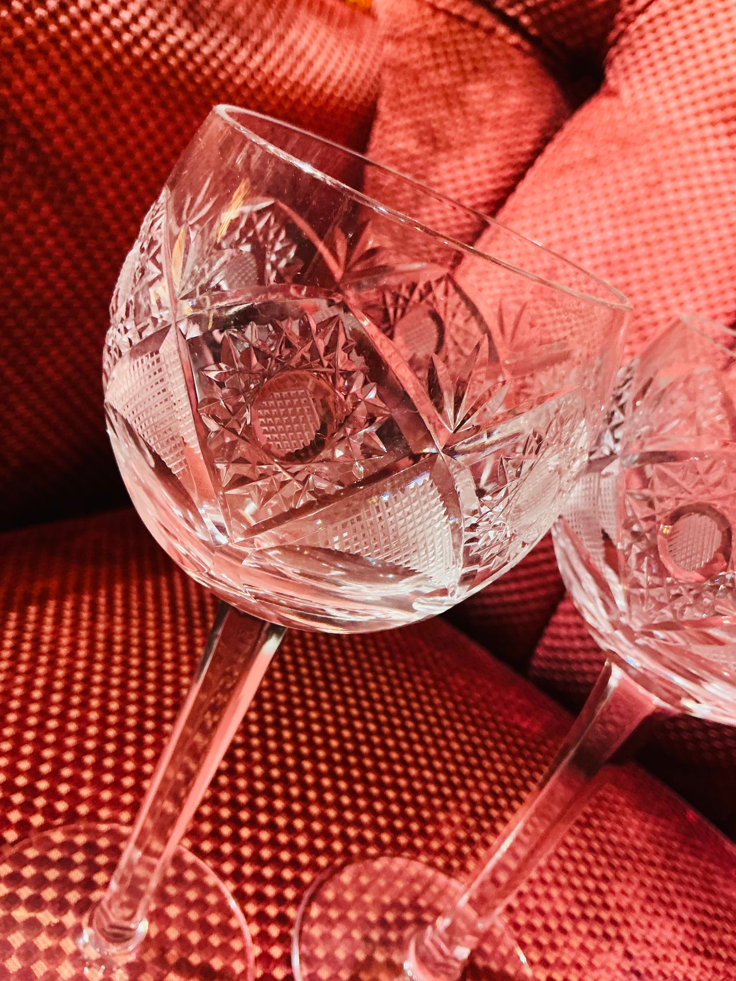 Set of Two Cut Glass Crystal Wine Glasses