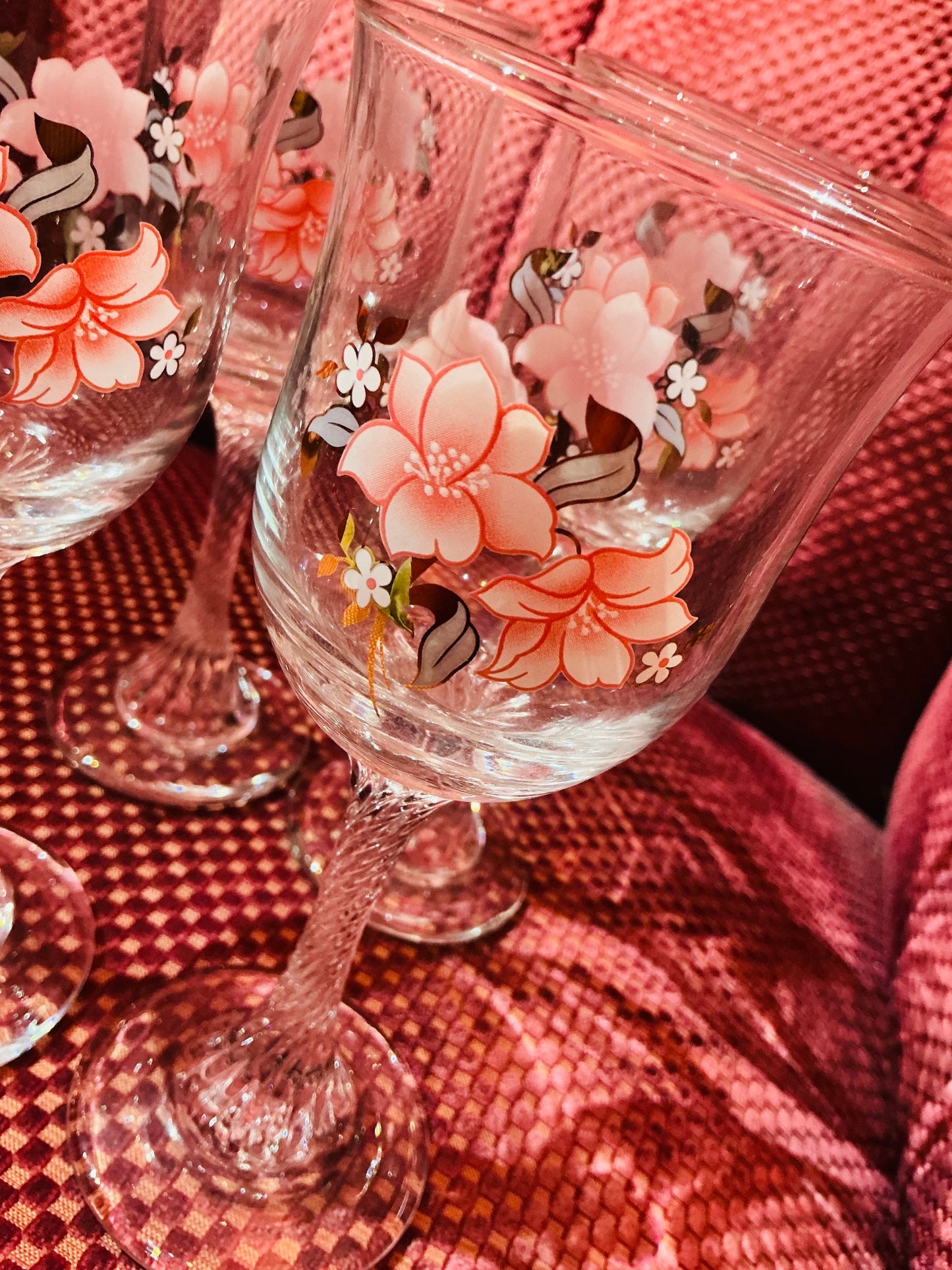 1980s Luminarc Japanese Floral Twisted Stem Glasses