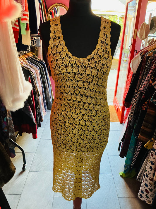 1990s Vintage Principles Gold Crochet Slip Dress 