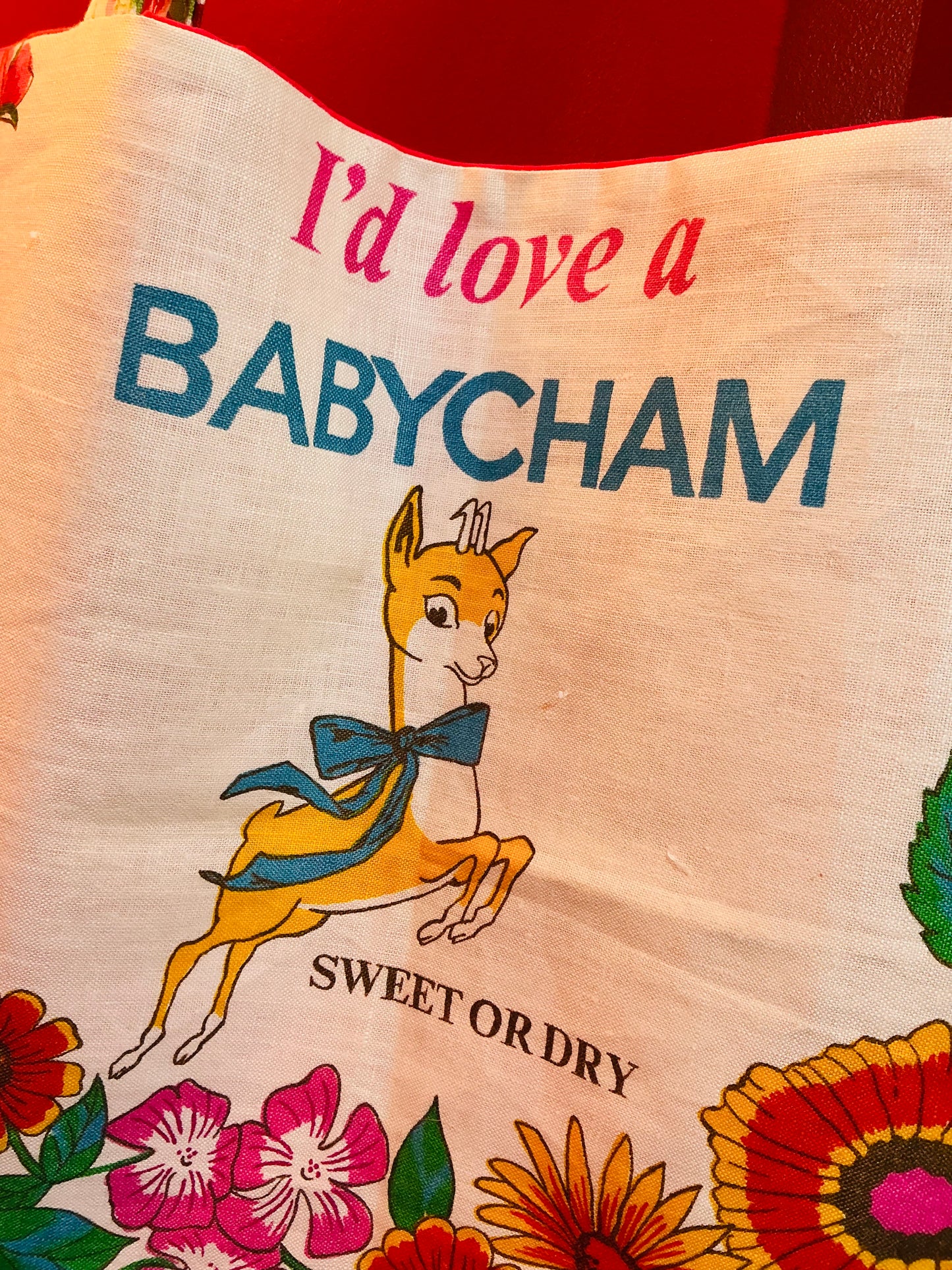 Handmade ‘I’d Love a Babycham’ Vintage Fabric Tote Bag
