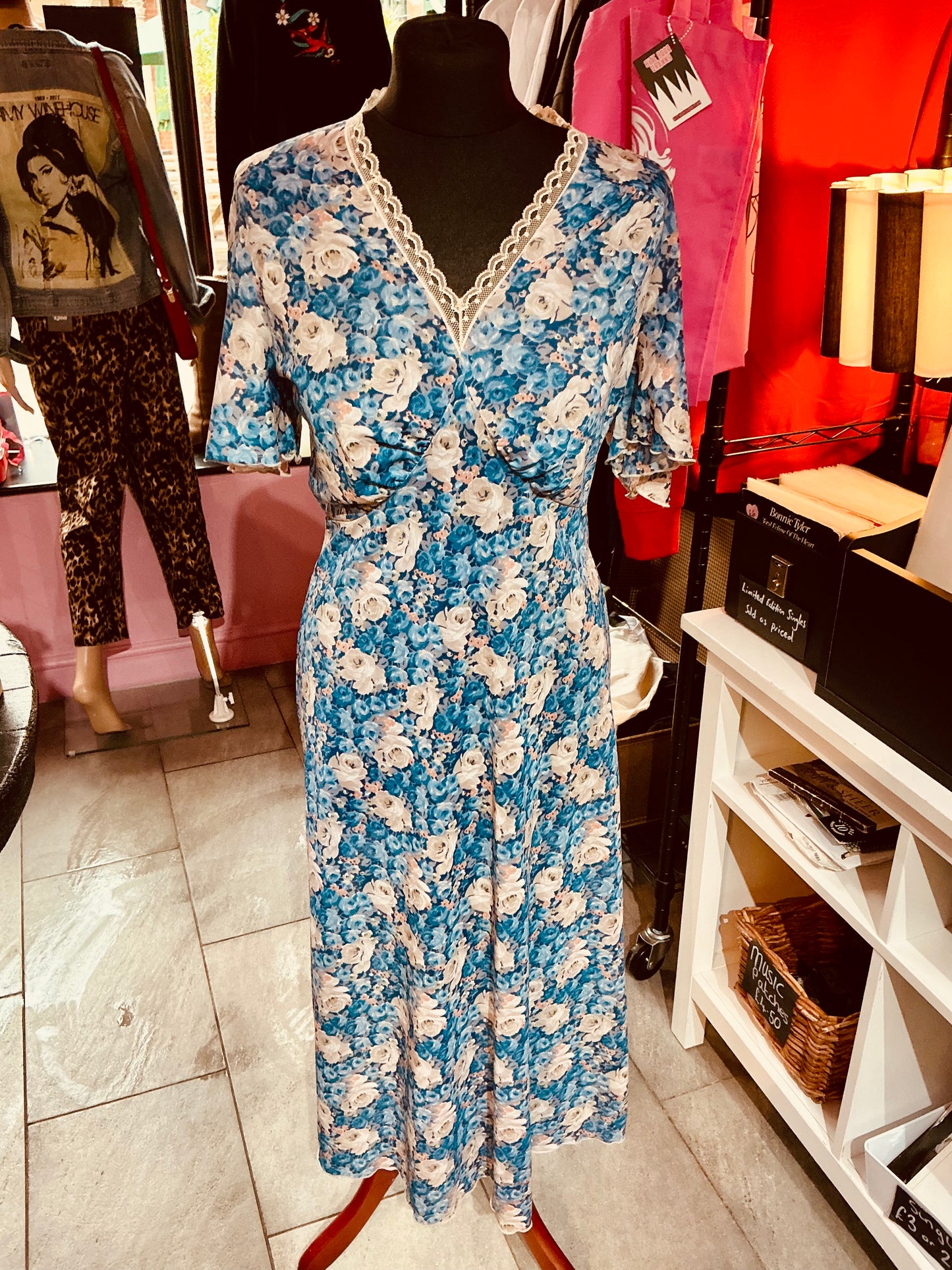 1970s Blue Floral Tea Dress