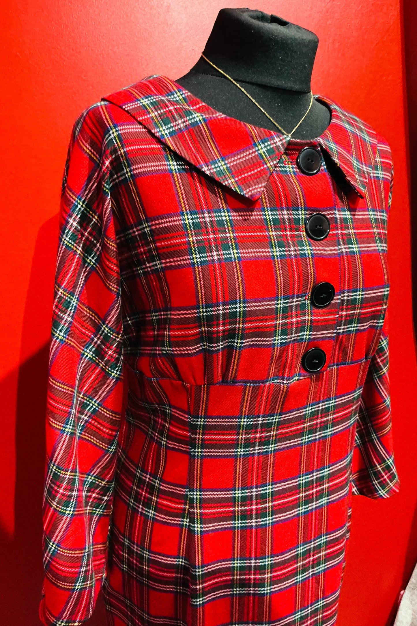 British Retro Red Tartan Pencil Dress-Size 16