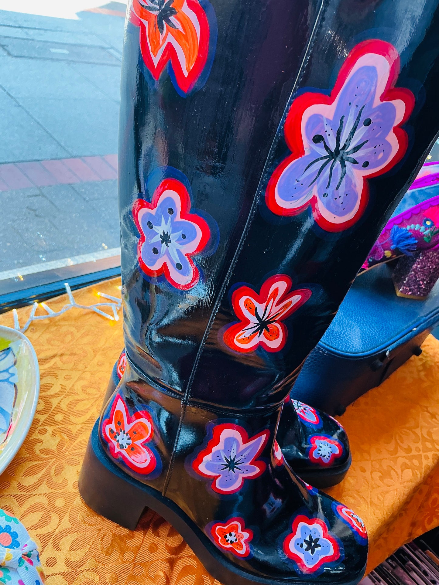 Hand painted Black Patent Boots with Retro Flower Design