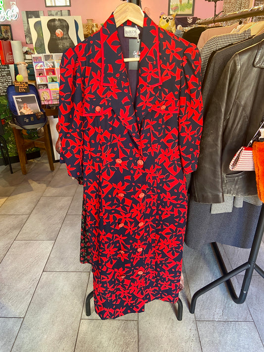 1980s Red and Navy Floral Dress