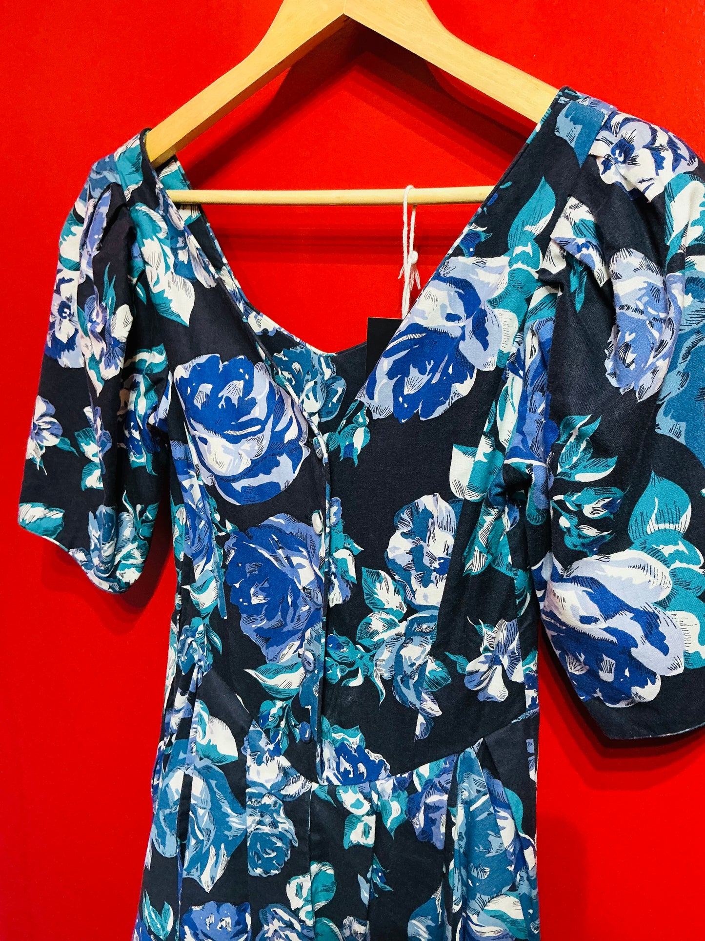 1980s Vintage Laura Ashley Blue Floral Rose Tea Dress