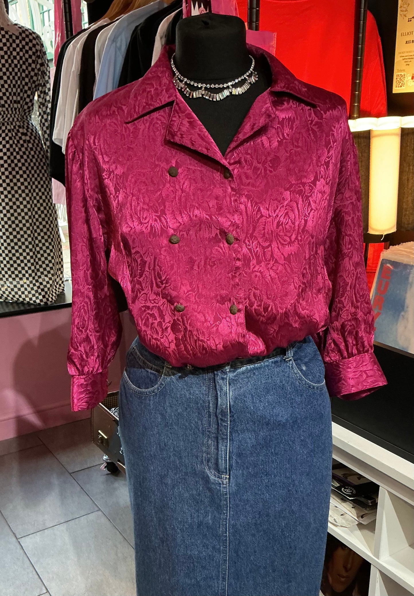 1980s Anne Brooks Vintage Magenta Satin Blouse