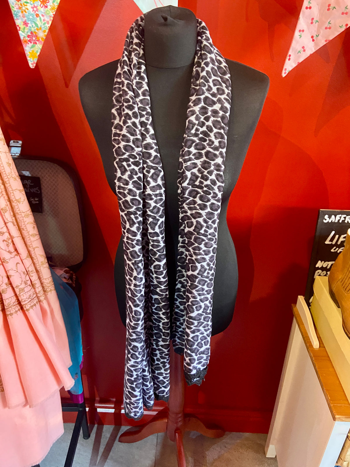 Leopard Print Scarf with Lace Trim