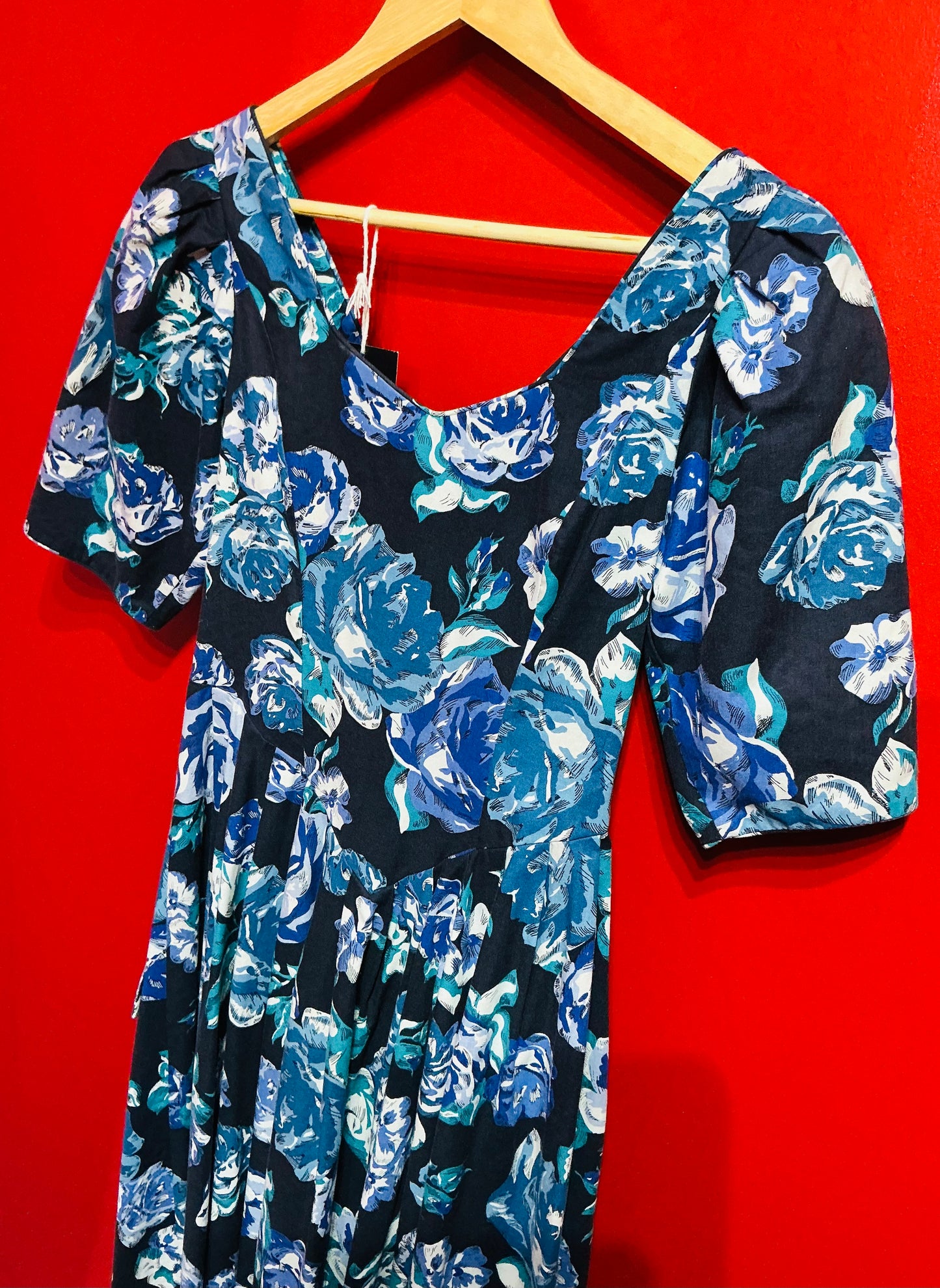 1980s Vintage Laura Ashley Blue Floral Rose Tea Dress