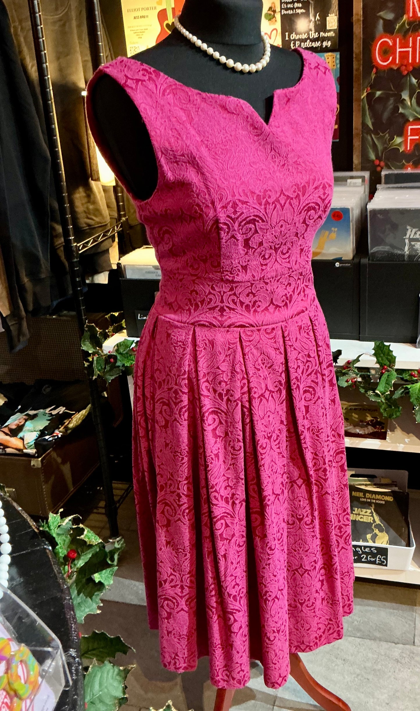 Fuchsia Pink Brocade Embroidered Lindy Bop A-line Dress