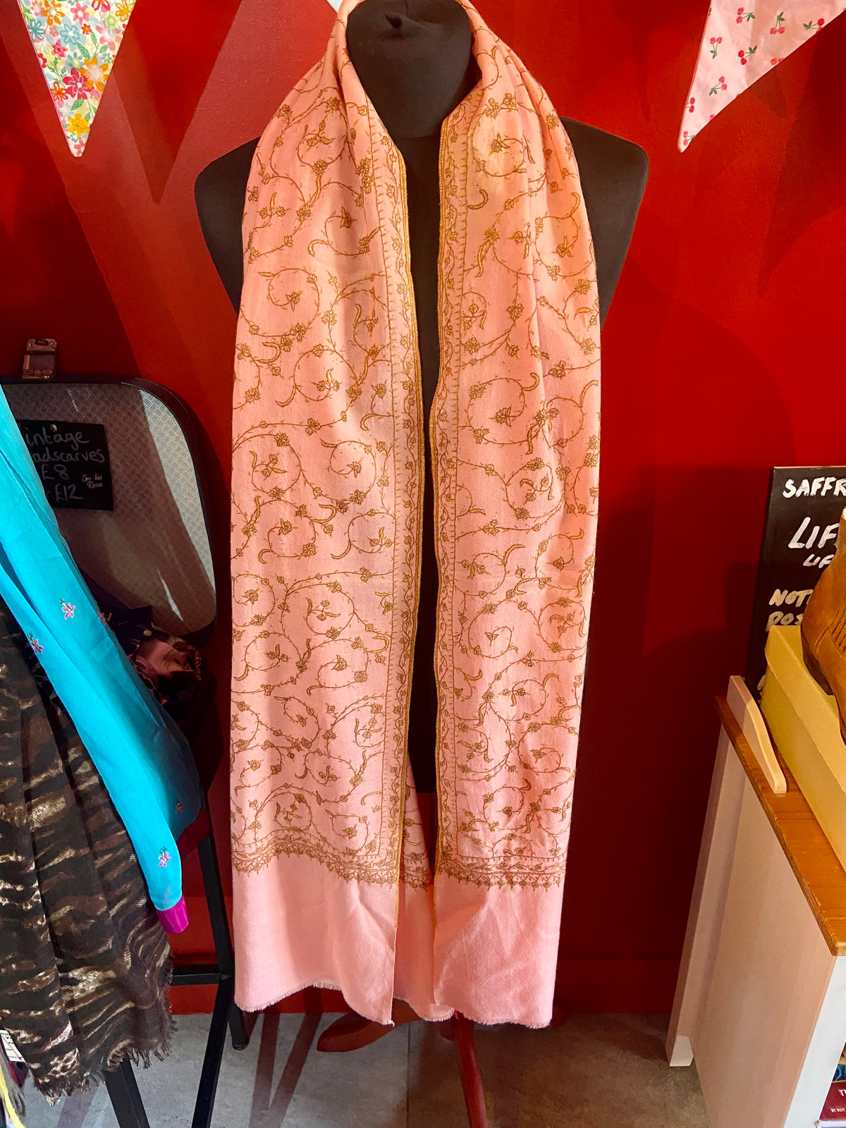 Salmon Pink Scarf with Intricate Embroidery