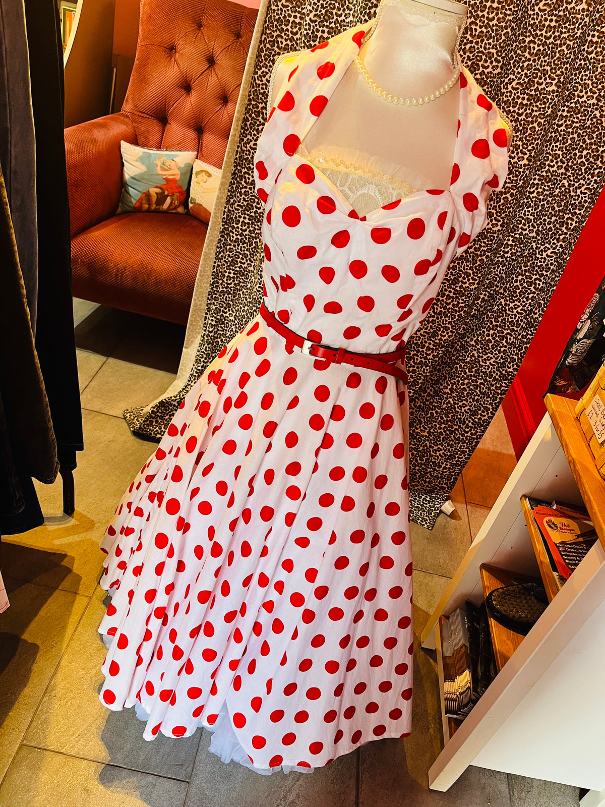 1950s Style White and Red Polka Dot Swing Dress