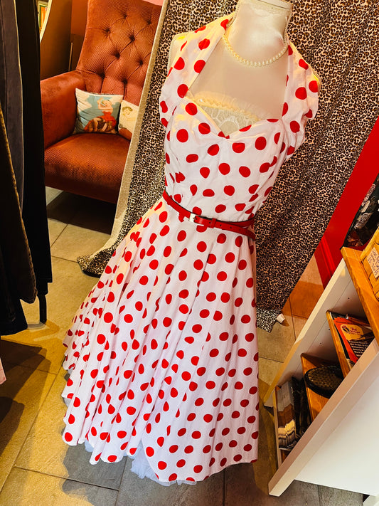 1950s Style White and Red Polka Dot Swing Dress