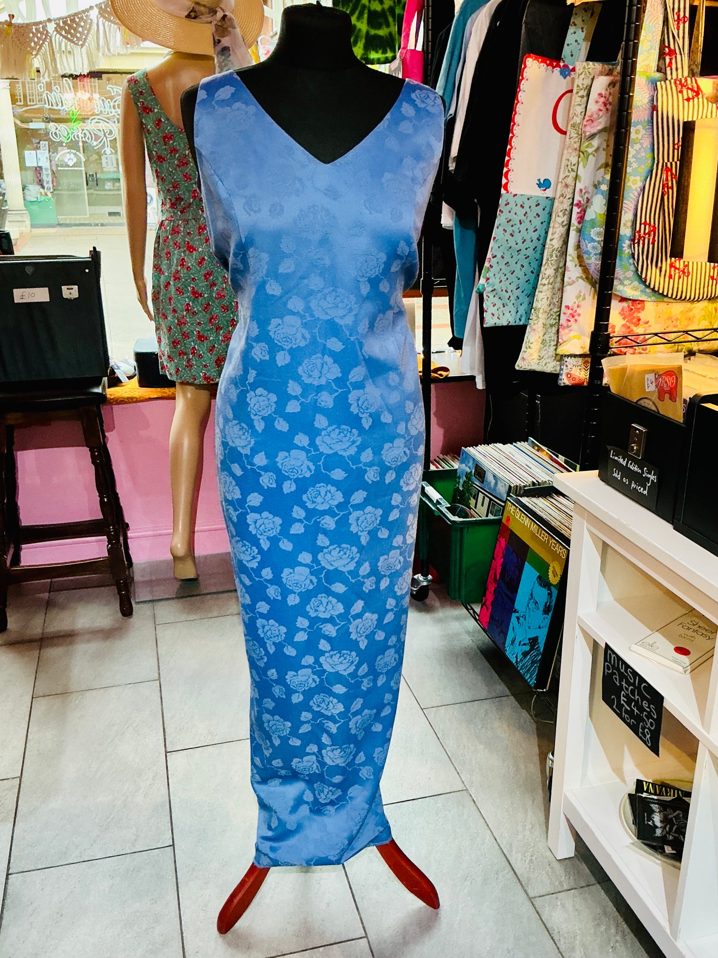 90s Monsoon Blue Rose Floral Maxi Dress