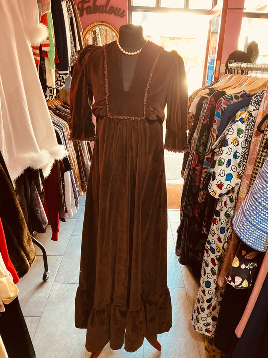 Original 1970s Brown Velvet Earlybird London Maxi Dress