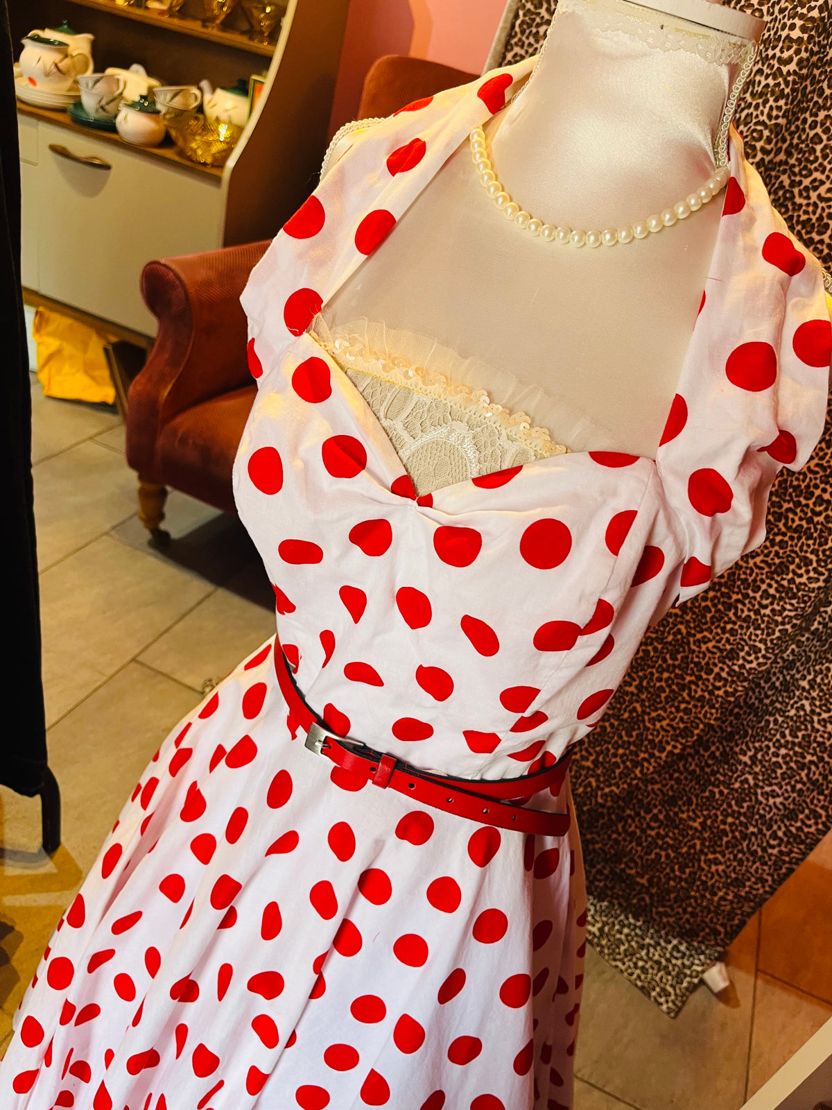 1950s Style White and Red Polka Dot Swing Dress
