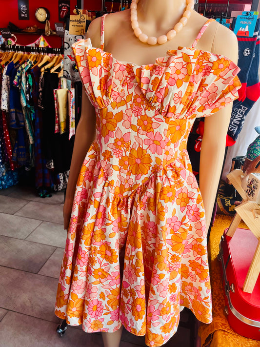 1960s Vintage Orange and Pink Retro Floral Tea Dress