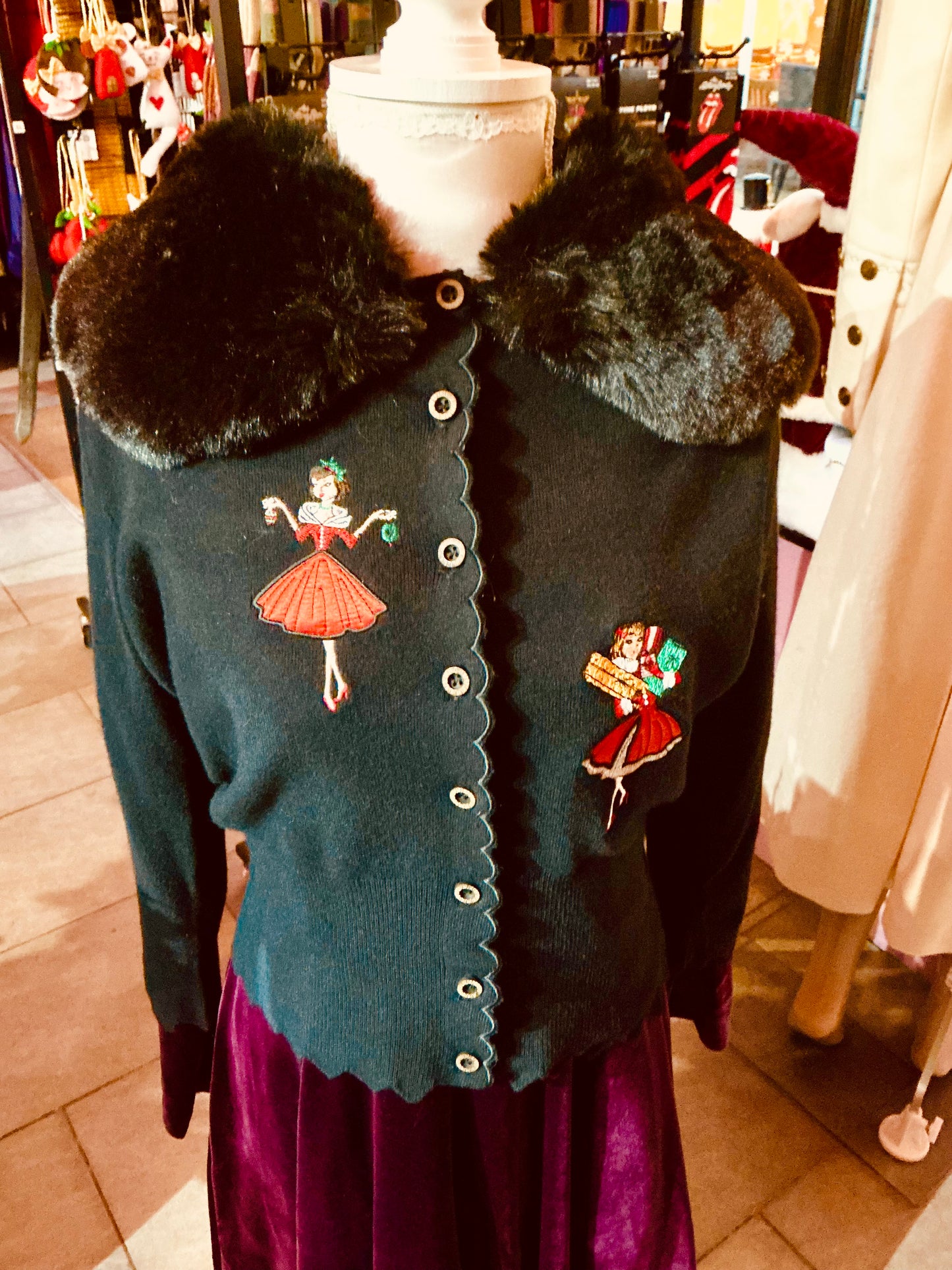 Banned Retro Black Fur Lined Collar Christmas Pinups Cardigan