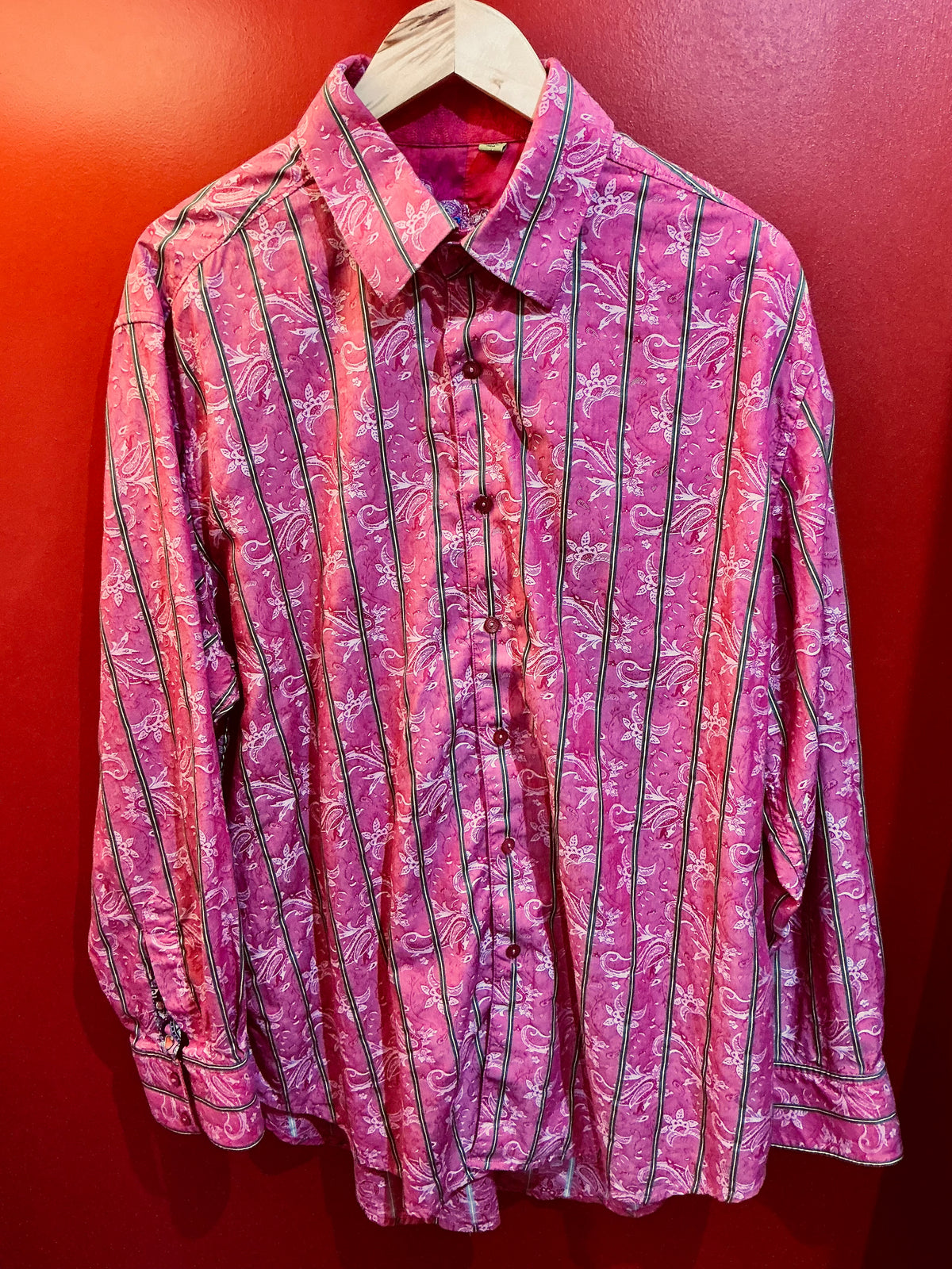 1970’s Retro Robert Graham pink paisley striped shirt