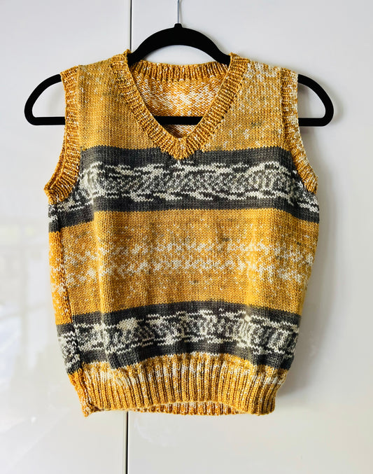 Mustard and Grey Hand Knitted Vest