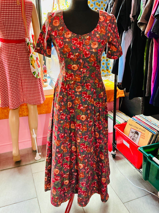 1980s Vintage Laura Ashley Red Floral Rose Tea Dress