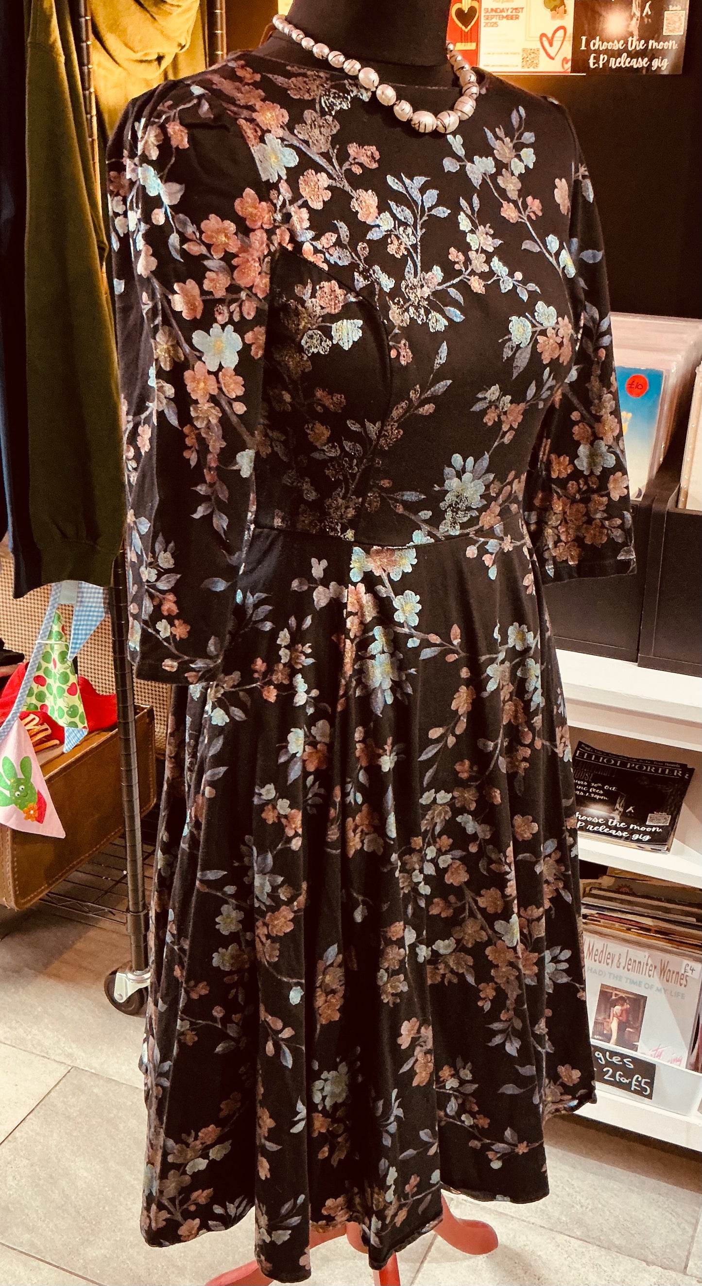 Hearts and Roses 1950s Style Black Silver Leaf Swing Dress