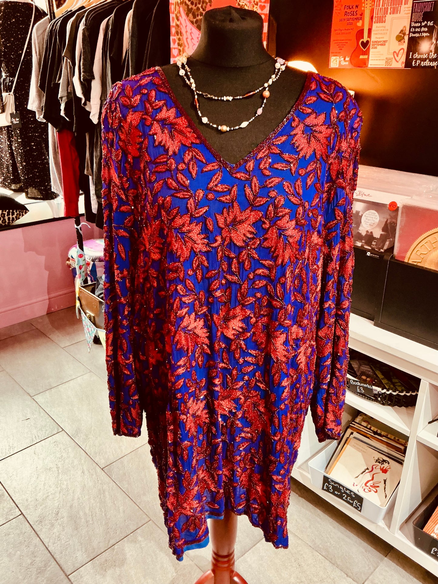 1980s Vintage Oliver James Purple and Red Beaded Party Dress- Size 18