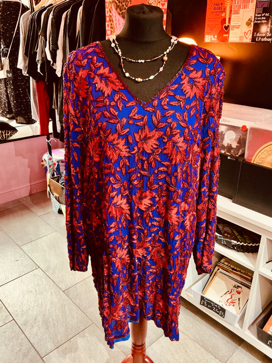 1980s Vintage Oliver James Purple and Red Beaded Party Dress- Size 18