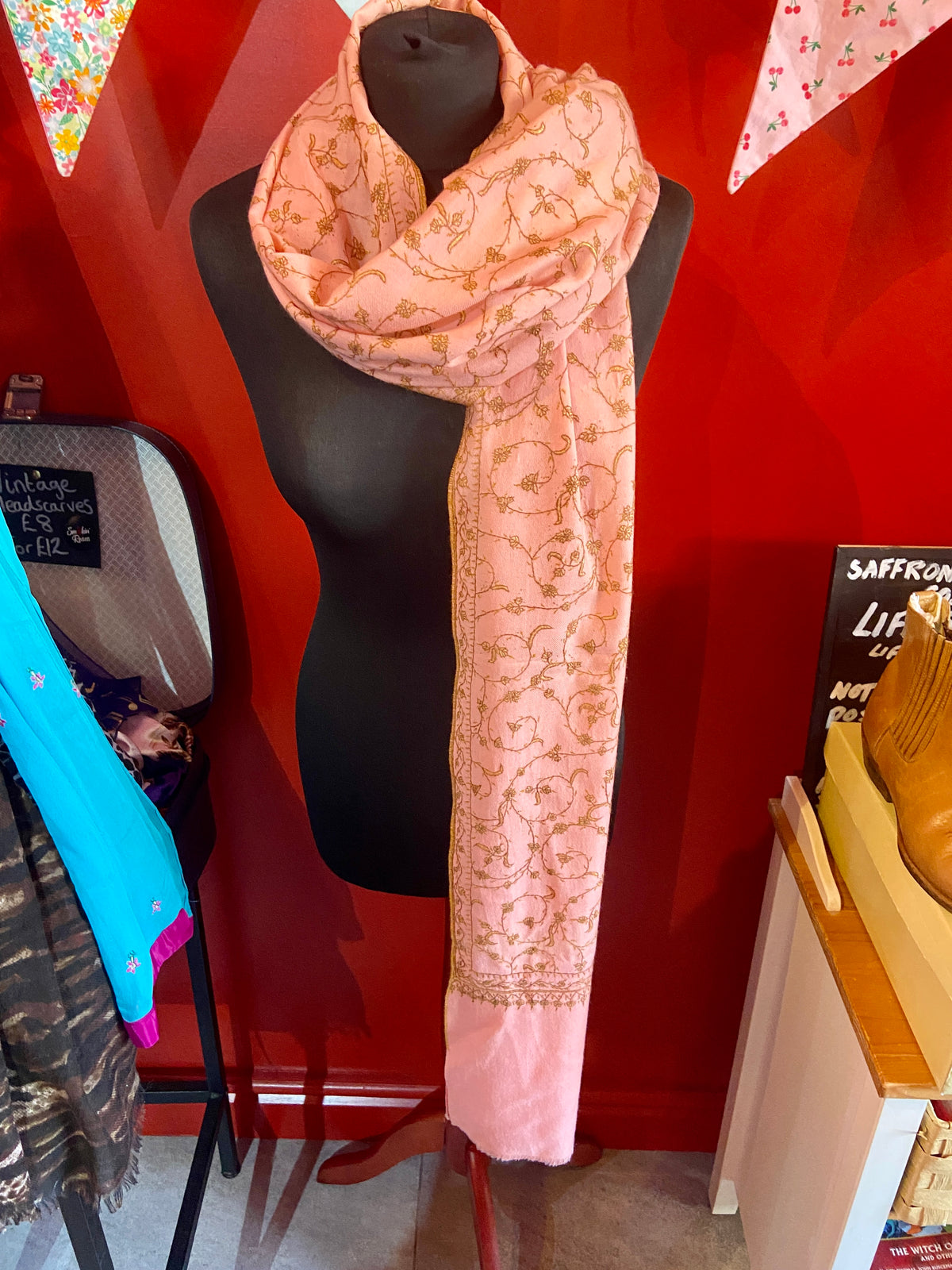 Salmon Pink Scarf with Intricate Embroidery