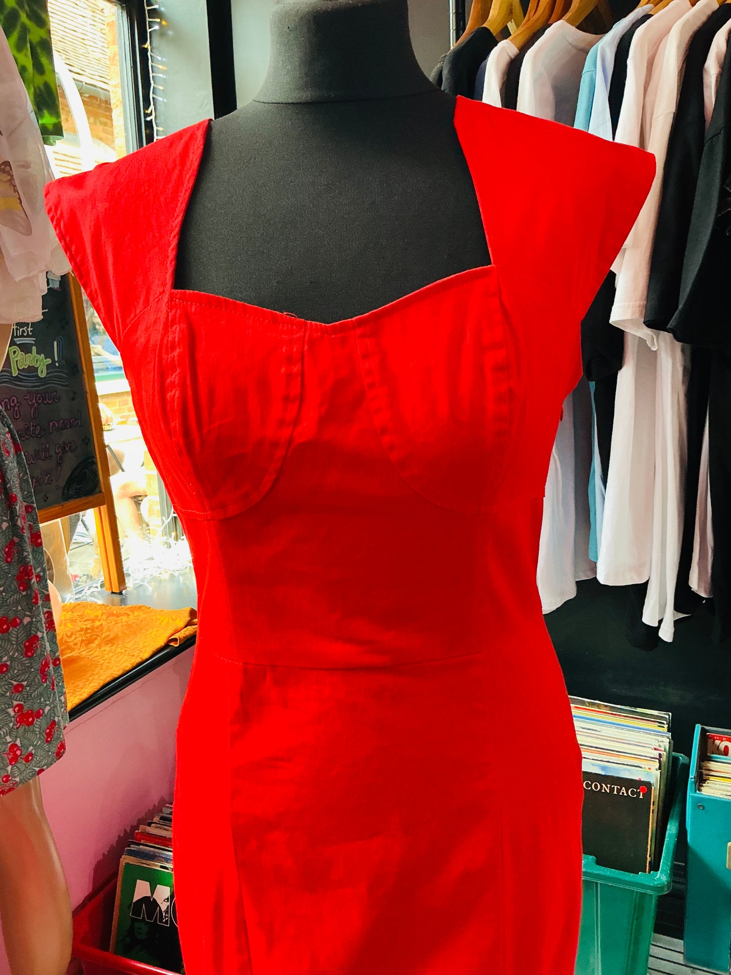 1950s Style Hearts & Roses Red Pencil Dress