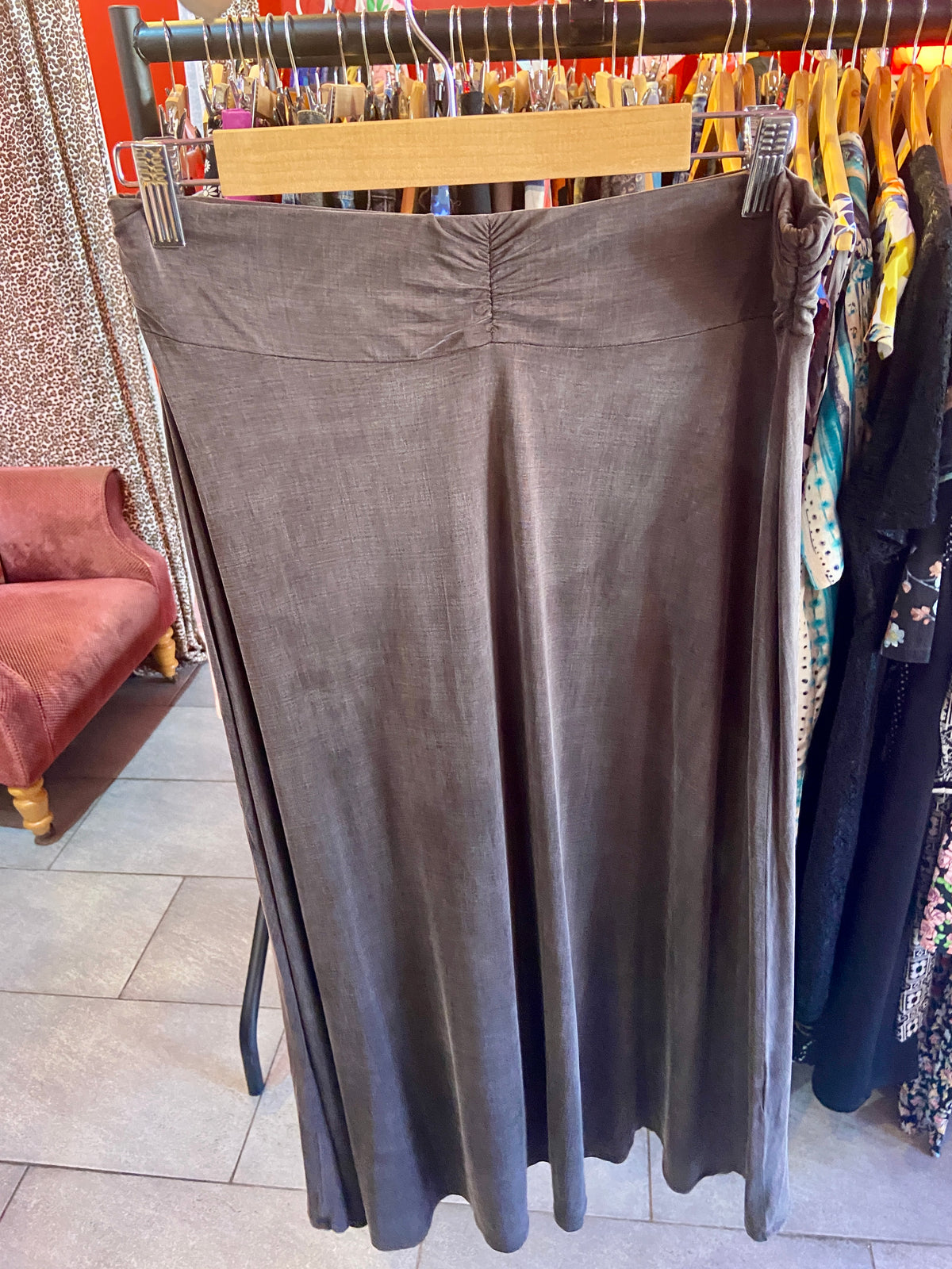 Long Ash Brown Skirt with Ruched Waist