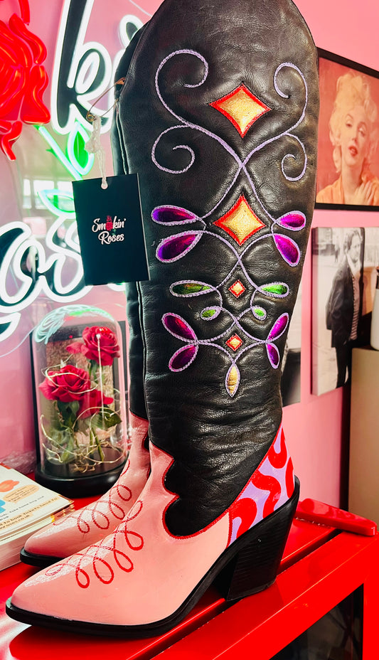 Hand painted Upcycled Knee High Cowboy Boots