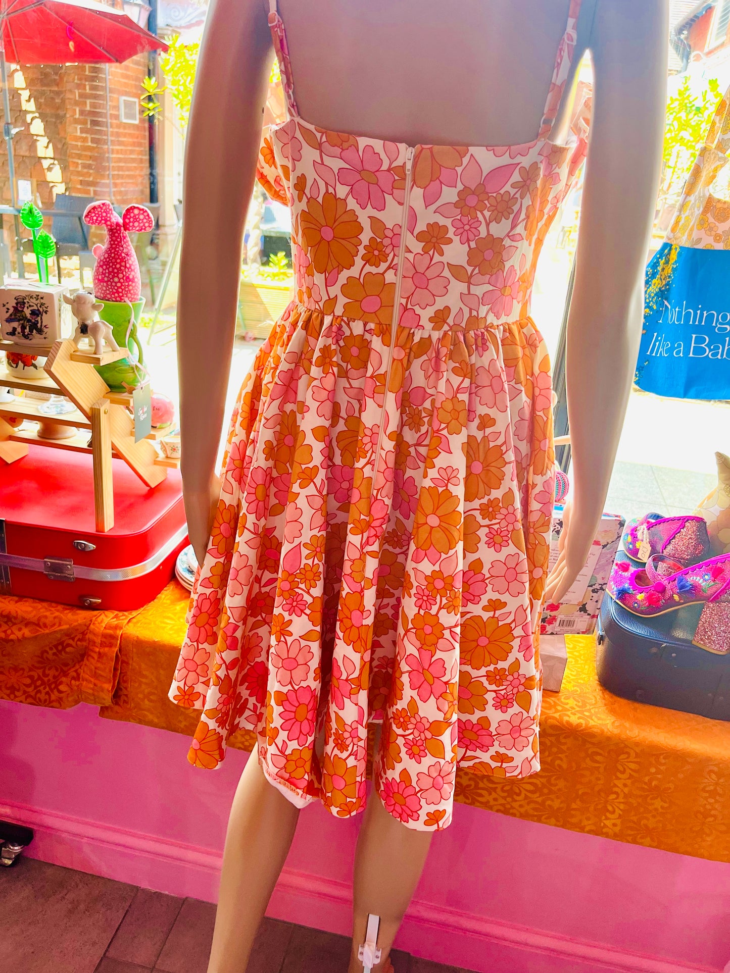 1960s Vintage Orange and Pink Retro Floral Tea Dress