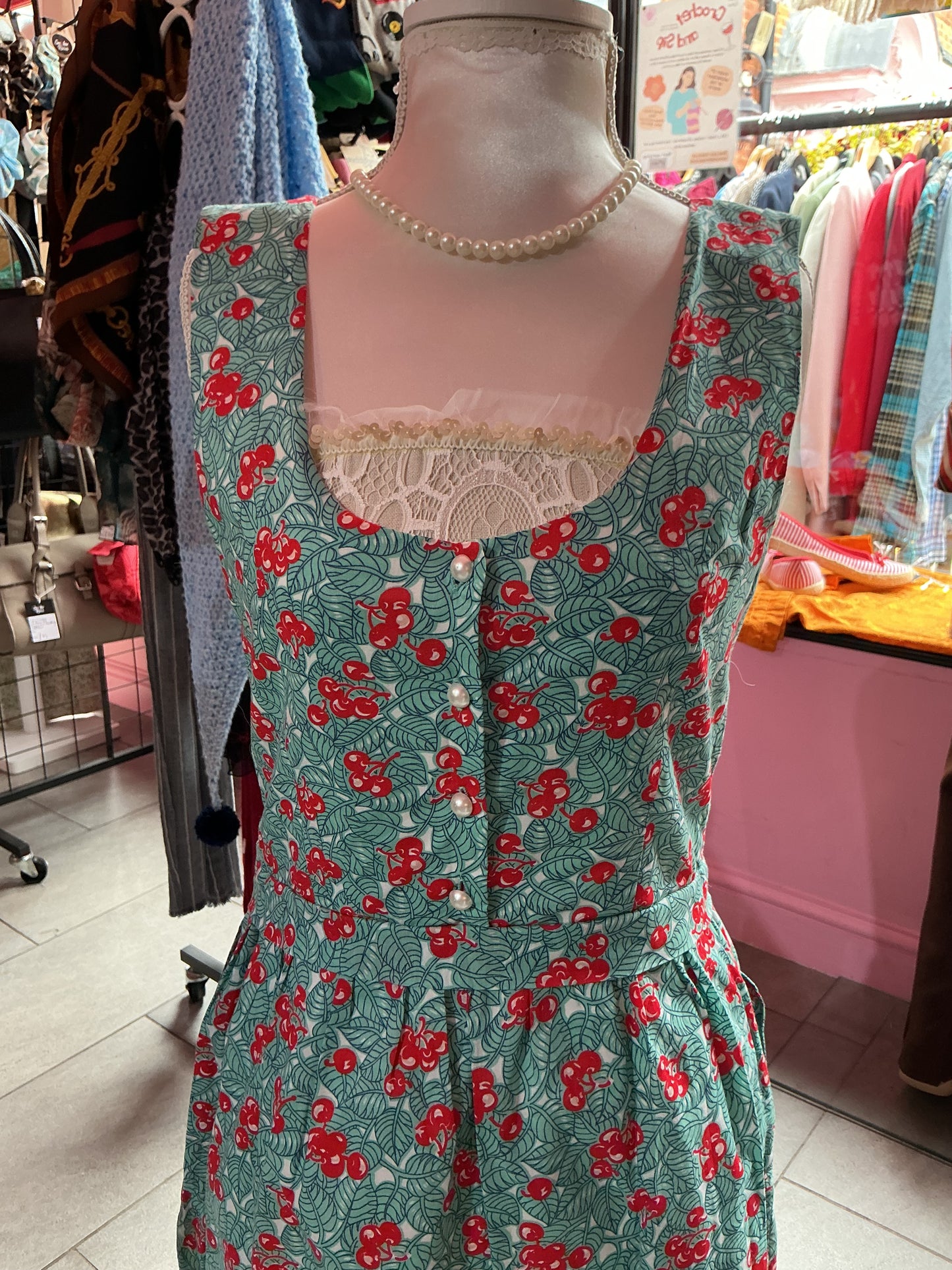 Turquoise Leaves & Red Cherry Print Oliver Bonas Tea Dress