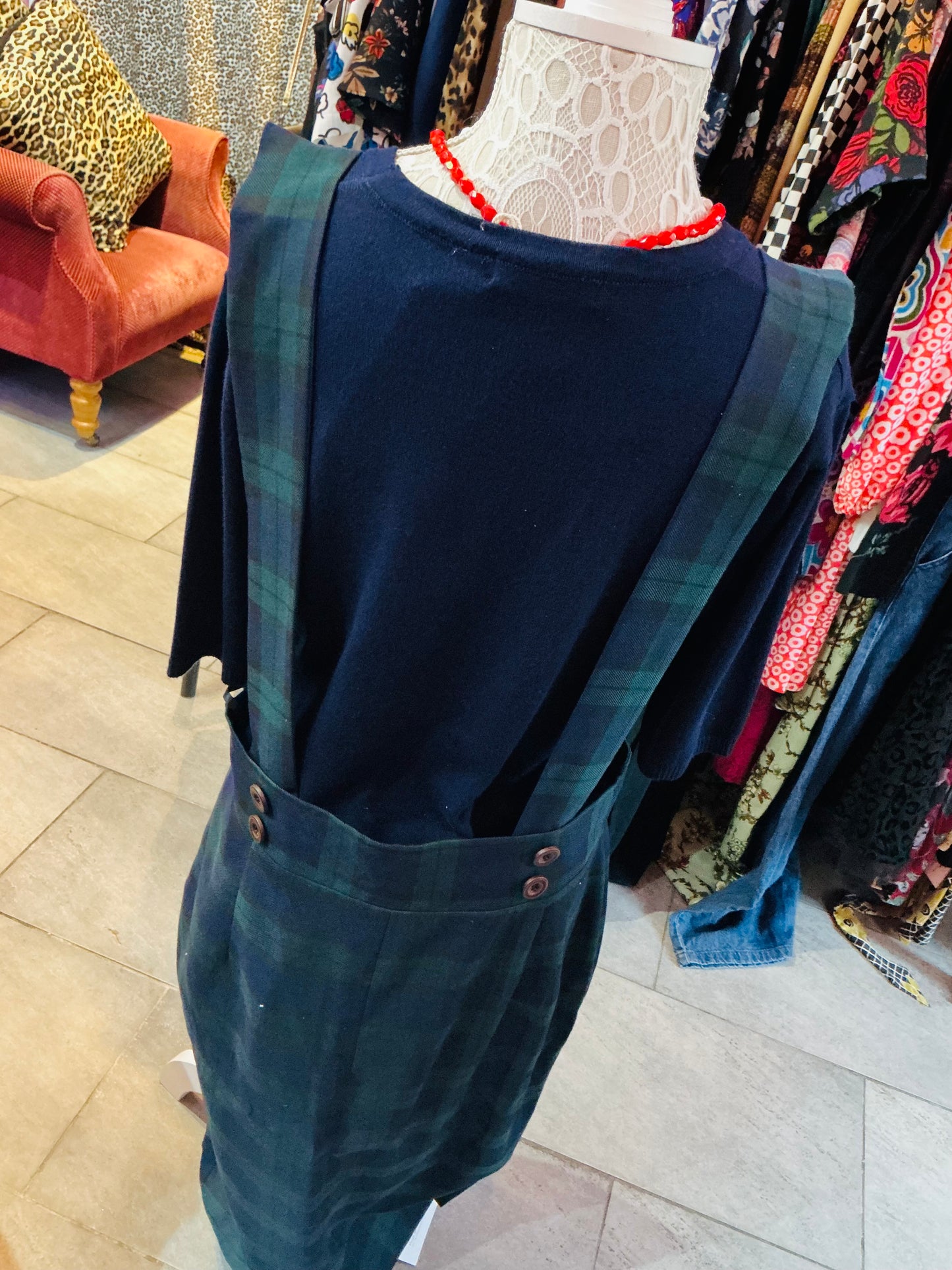 British Retro Navy and Green Plaid Pinafore Skirt