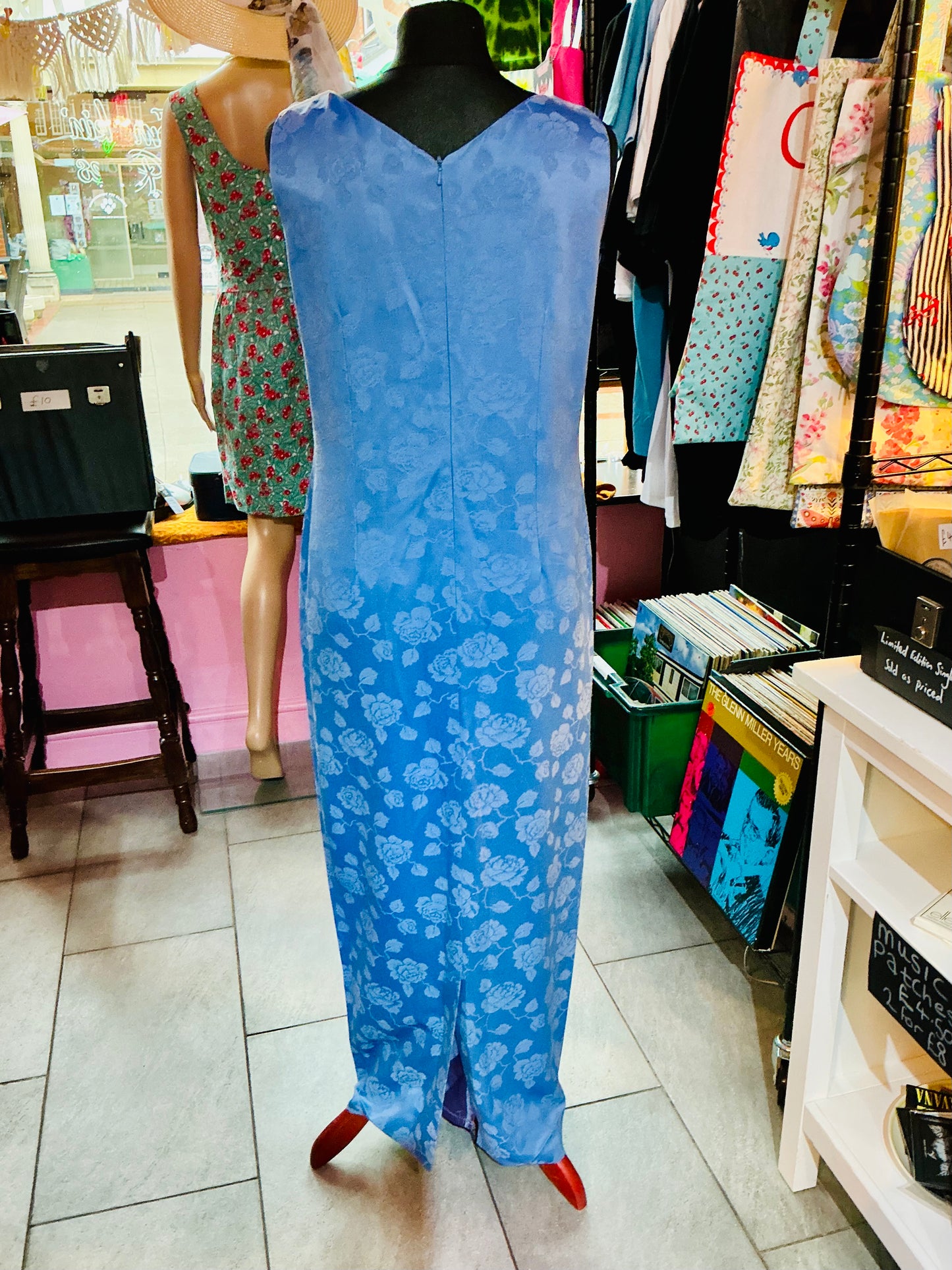 90s Monsoon Blue Rose Floral Maxi Dress