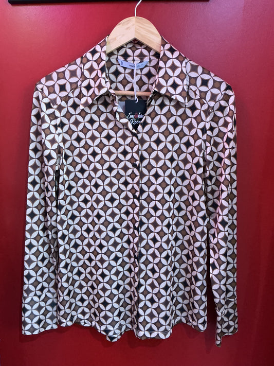 70s Retro Patterned Long Sleeve Shirrt